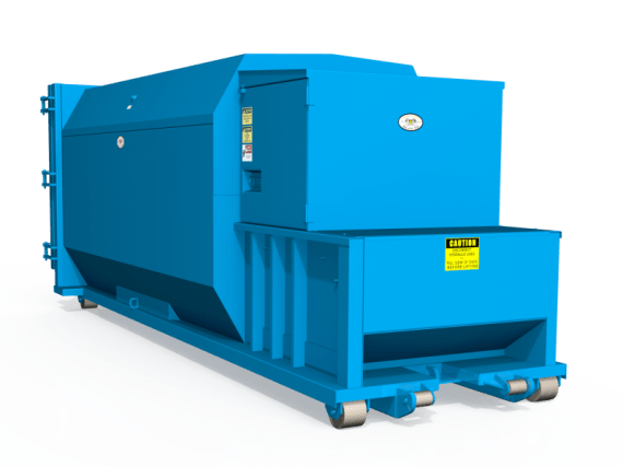 A large blue industrial trash compactor with wheels, caution labels, and a rectangular front loading area, designed for compressing and managing waste materials.